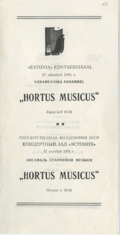 Program of the first tintinnabuli concert 27.10.1976 by ensemble Hortus Musicus